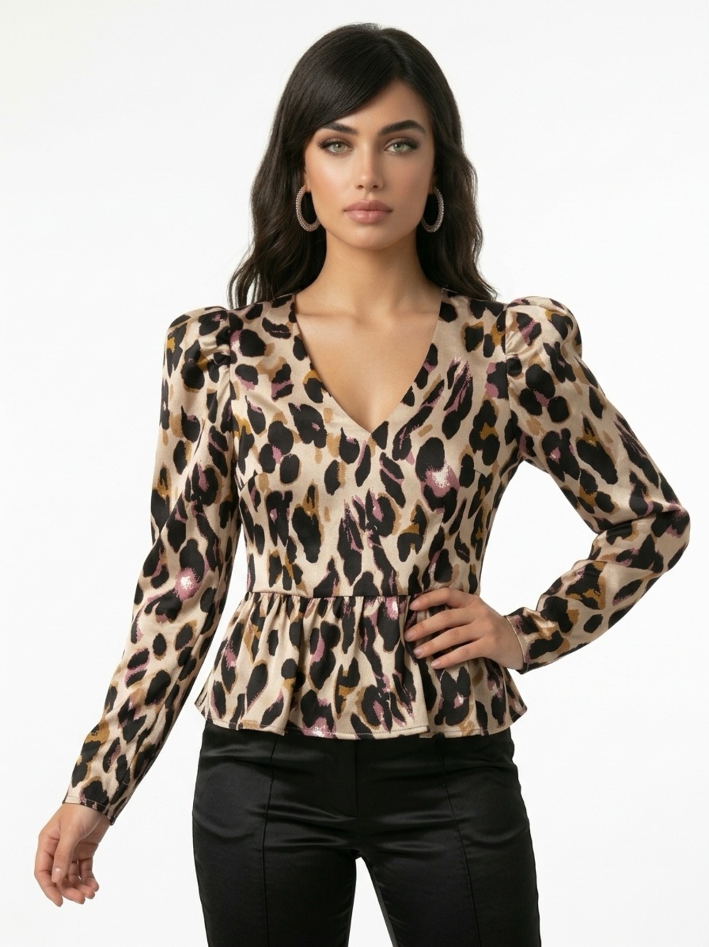 KARLIE | Leopard Print V-Neck Peplum Top in Beige and Black Women’s Size Large
